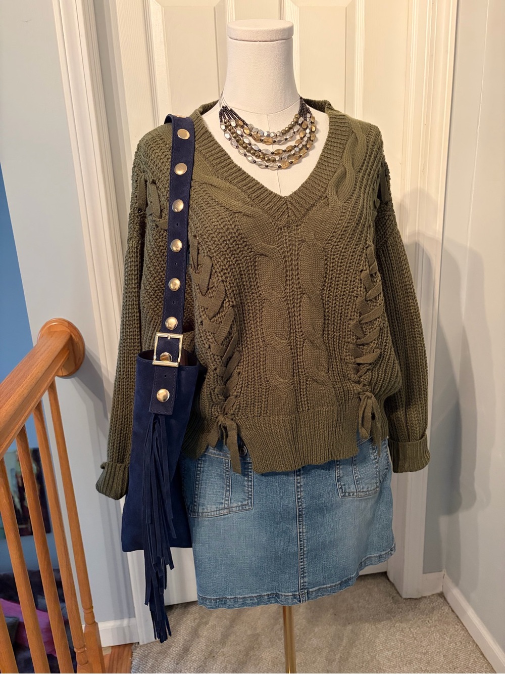 Ultra Flirt Olive Green Cable-Knit V-Neck Sweater with Side Lace-Up